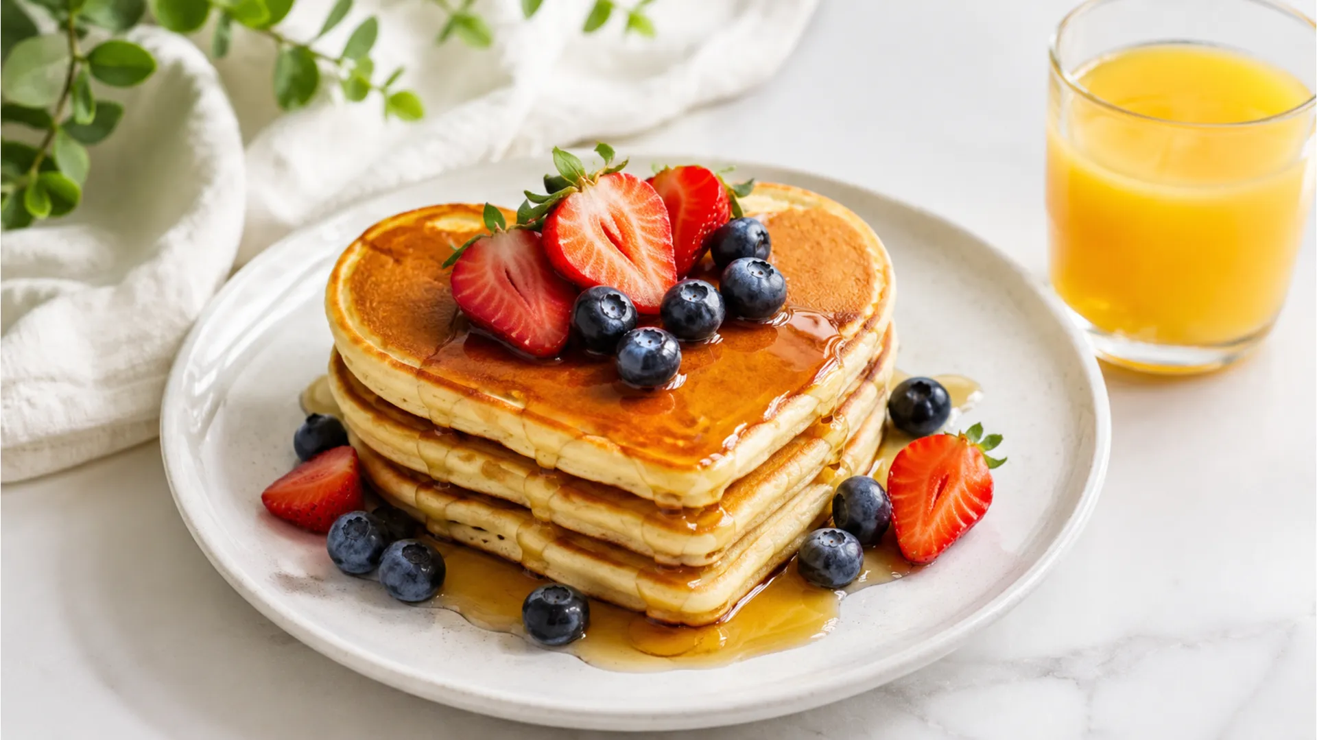 Heart-shaped pancakes stacked on a white plate with fresh berries and maple syrup under natural lighting.
