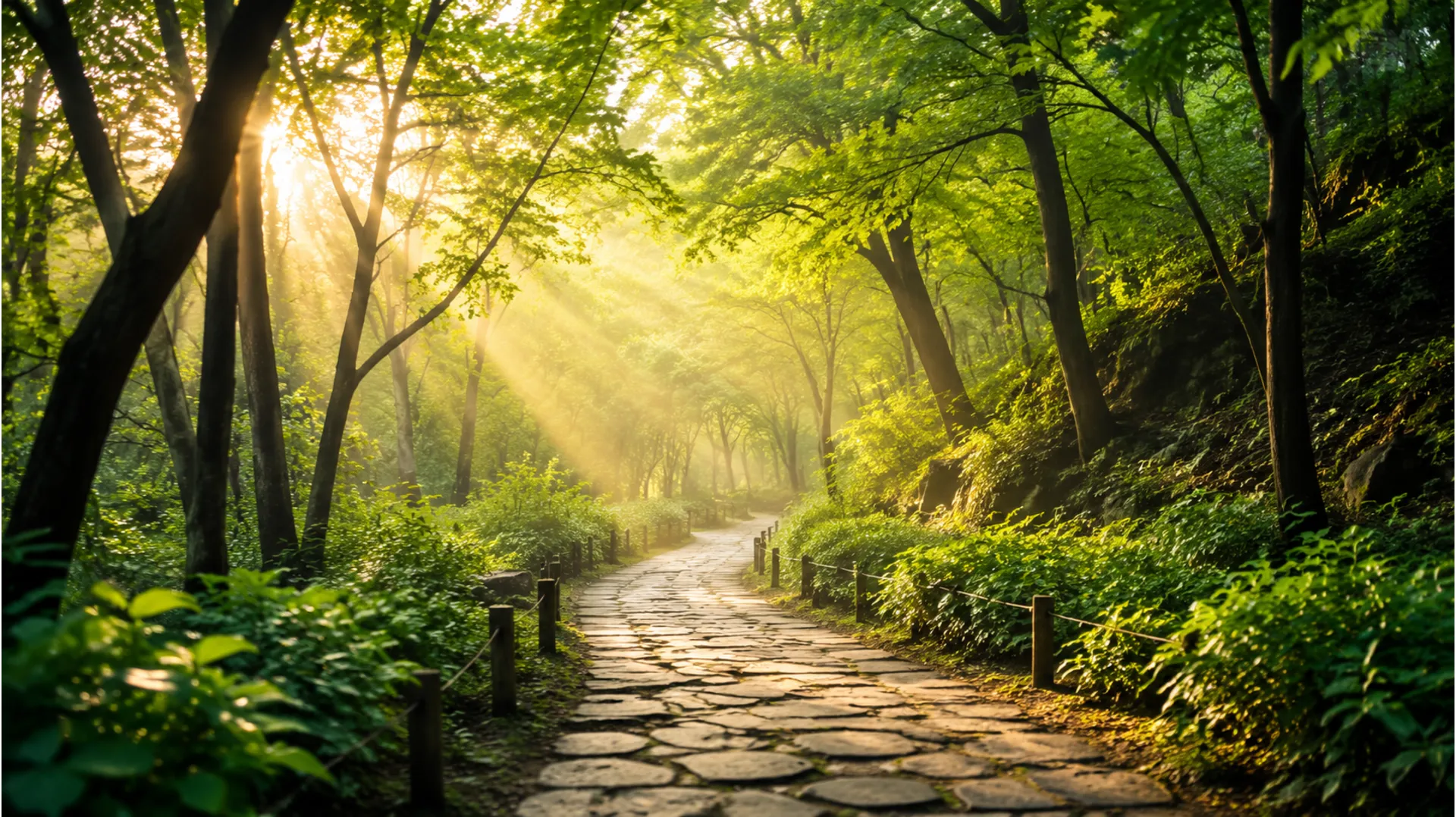 Beautiful morning image displaying sunbeams piercing through a green forest path.