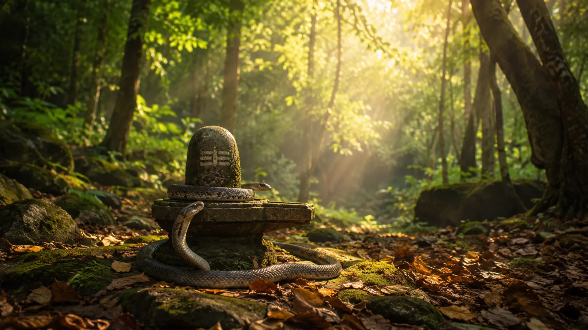 A small stone Shivling in a quiet, sunlit forest clearing with a calm snake resting beside it.