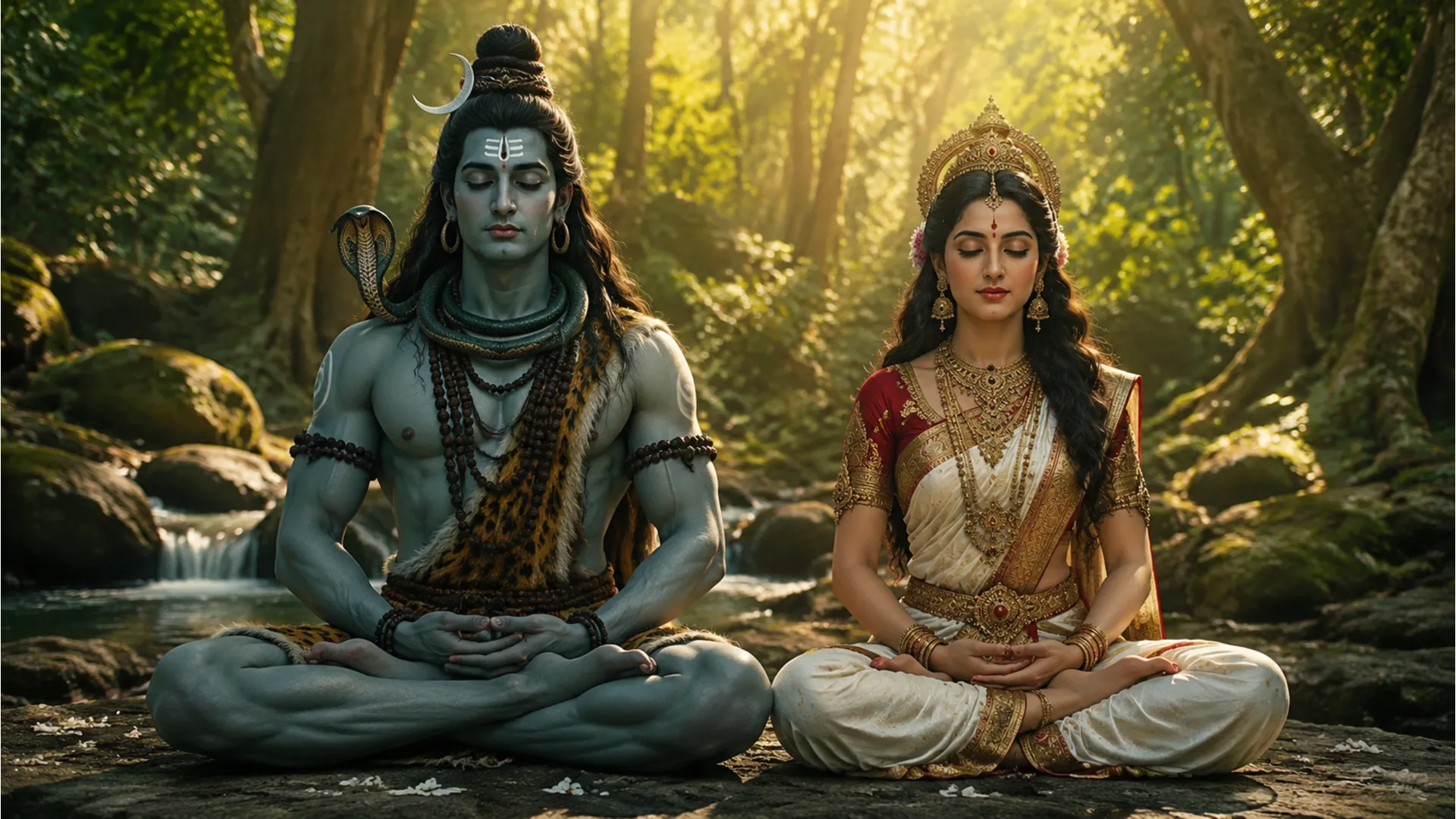 Shiva and Parvati meditating together peacefully in a forest.