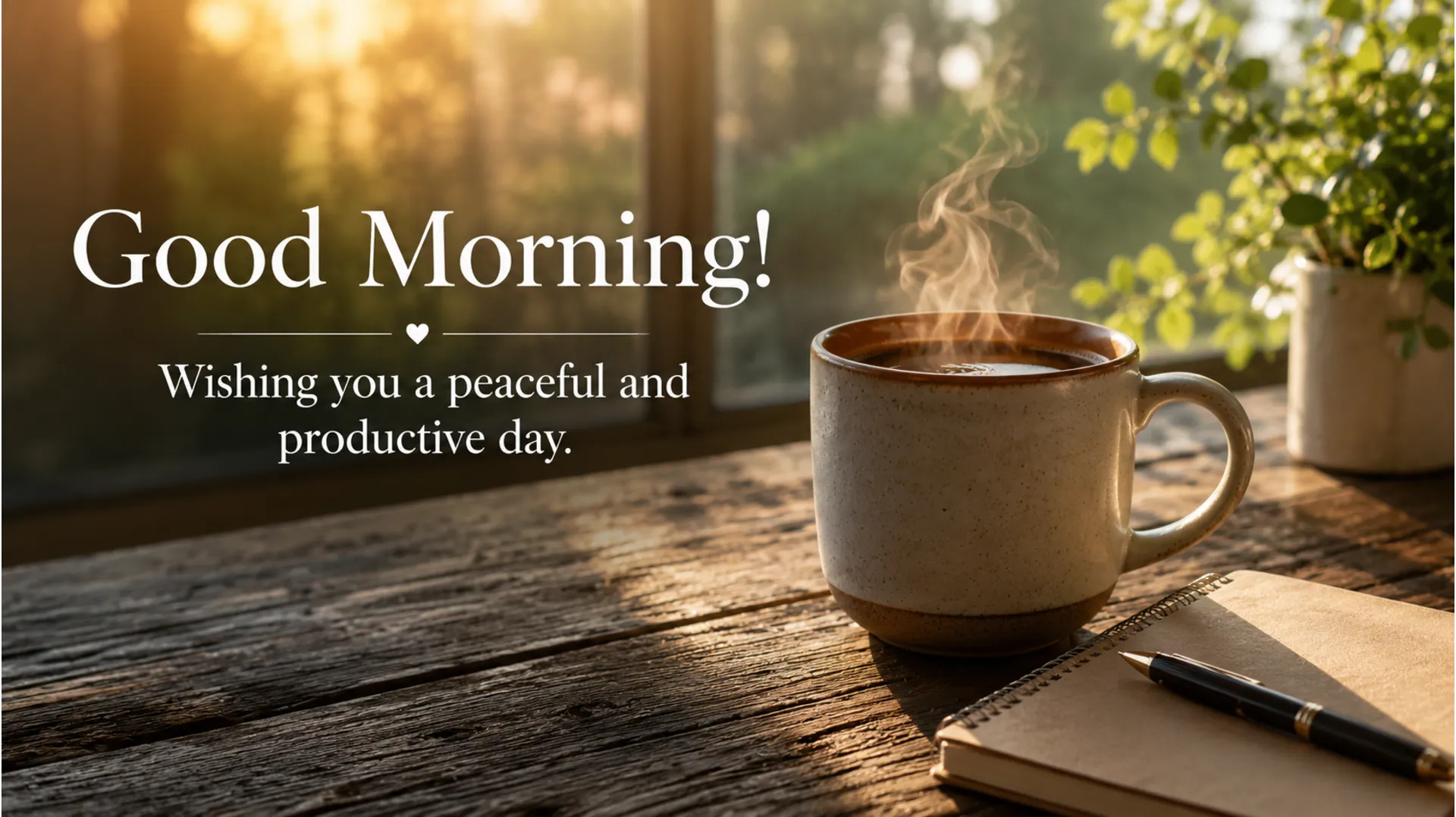 Fresh cup of coffee on a wooden table with warm morning sunlight and good morning text