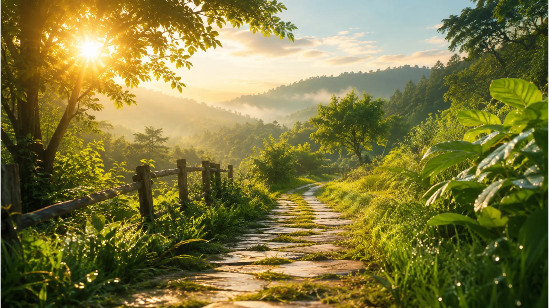 Peaceful green forest pathway with morning sunlight rays and fresh dew on flowers.