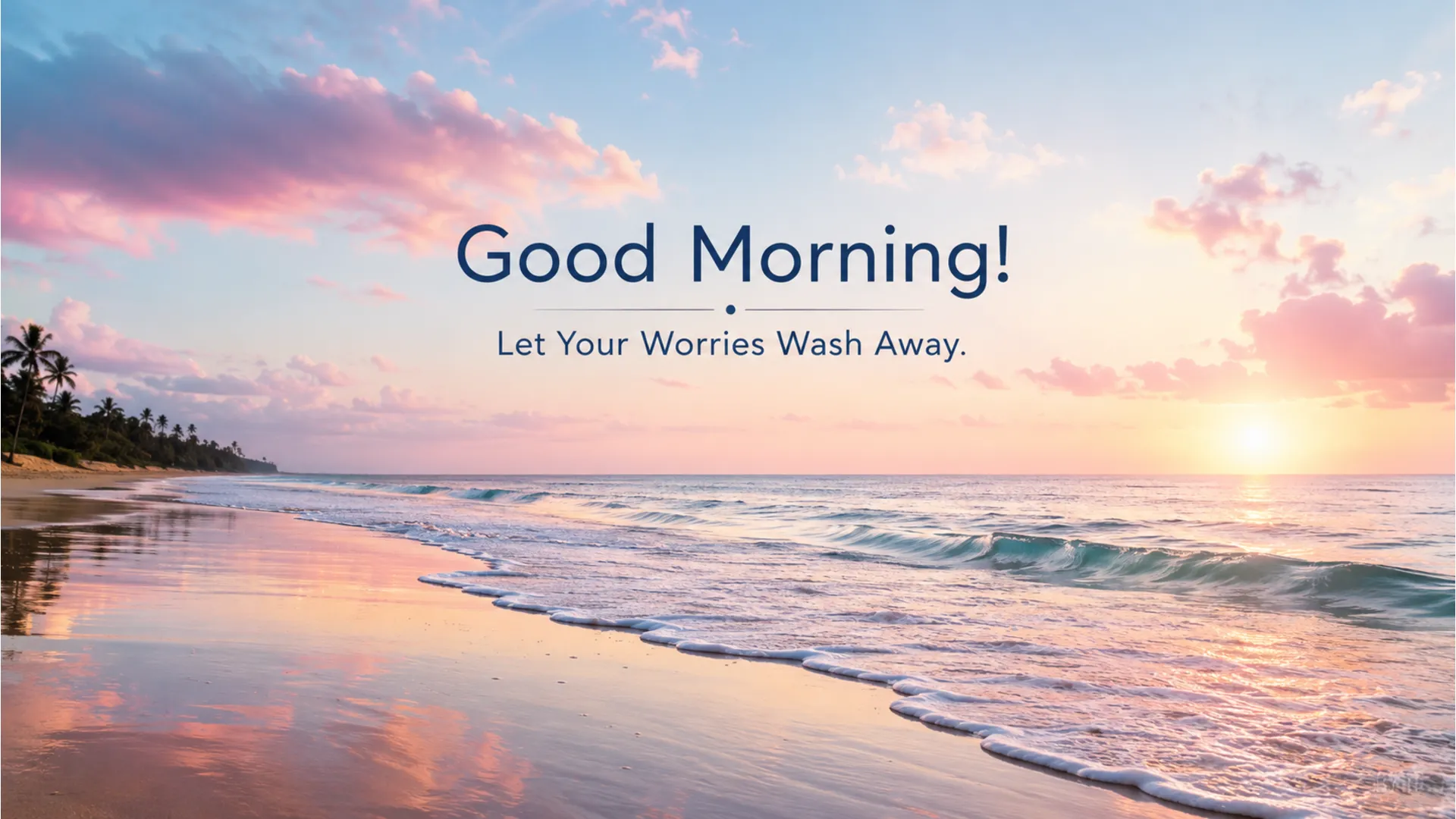Soft ocean waves crashing on a sandy beach during a bright morning sunrise.