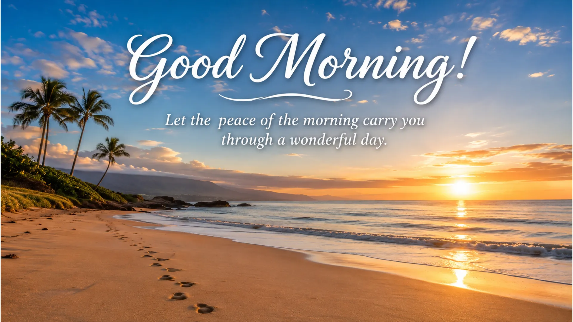 Tranquil ocean beach sunrise with golden waves and good morning message