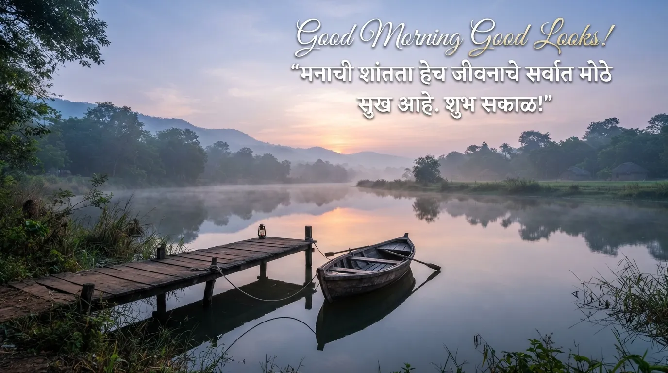 Calm river morning landscape with marathi spiritual good morning thoughts.