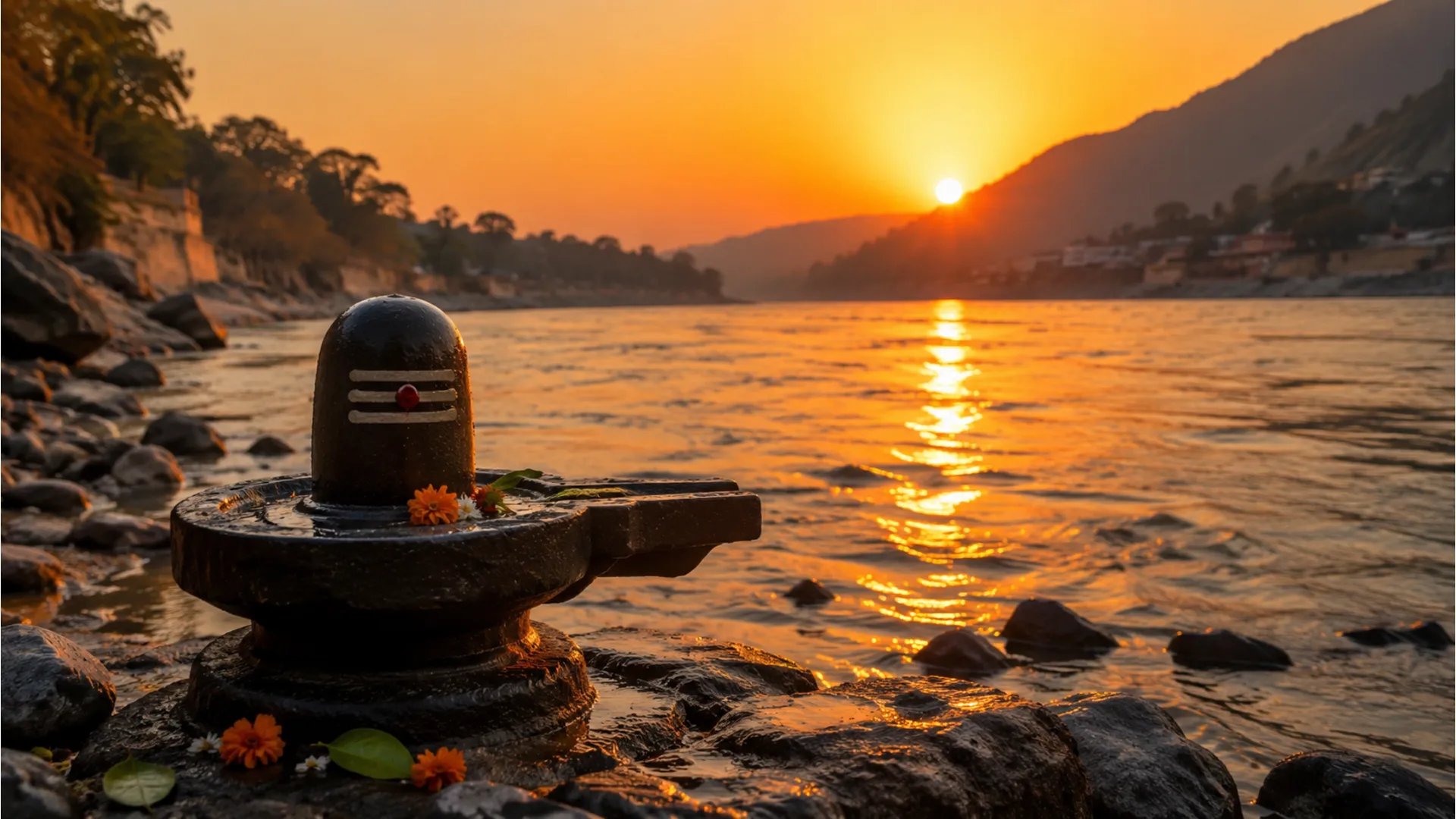 Spiritual Shivling photo on the banks of the holy river Ganga during sunset.