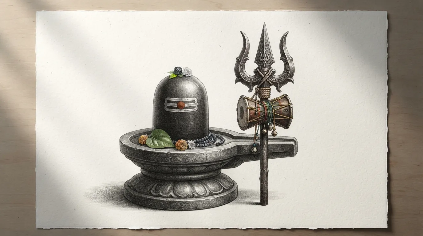 A realistic graphite pencil sketch of a traditional Shivling flanked by a sacred Trishul and Damru.