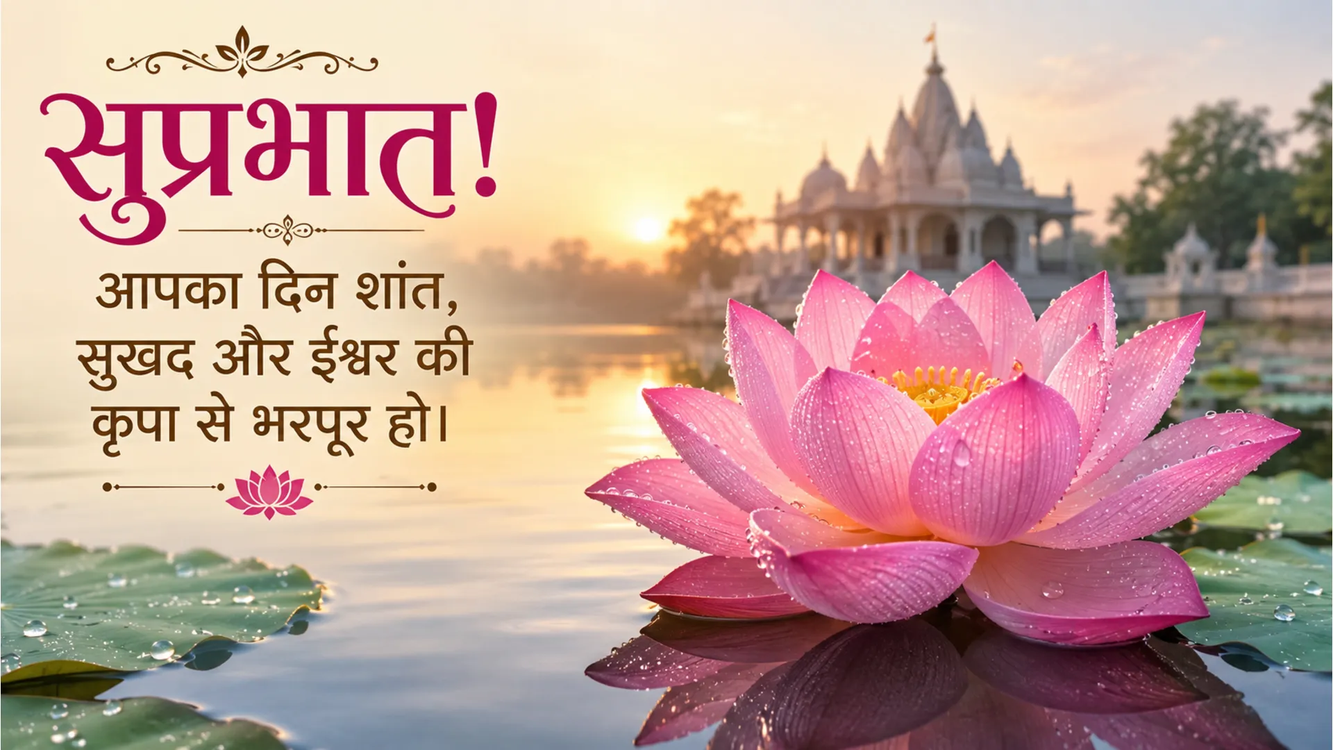 Blooming pink lotus in a calm pond with spiritual Hindi morning wish