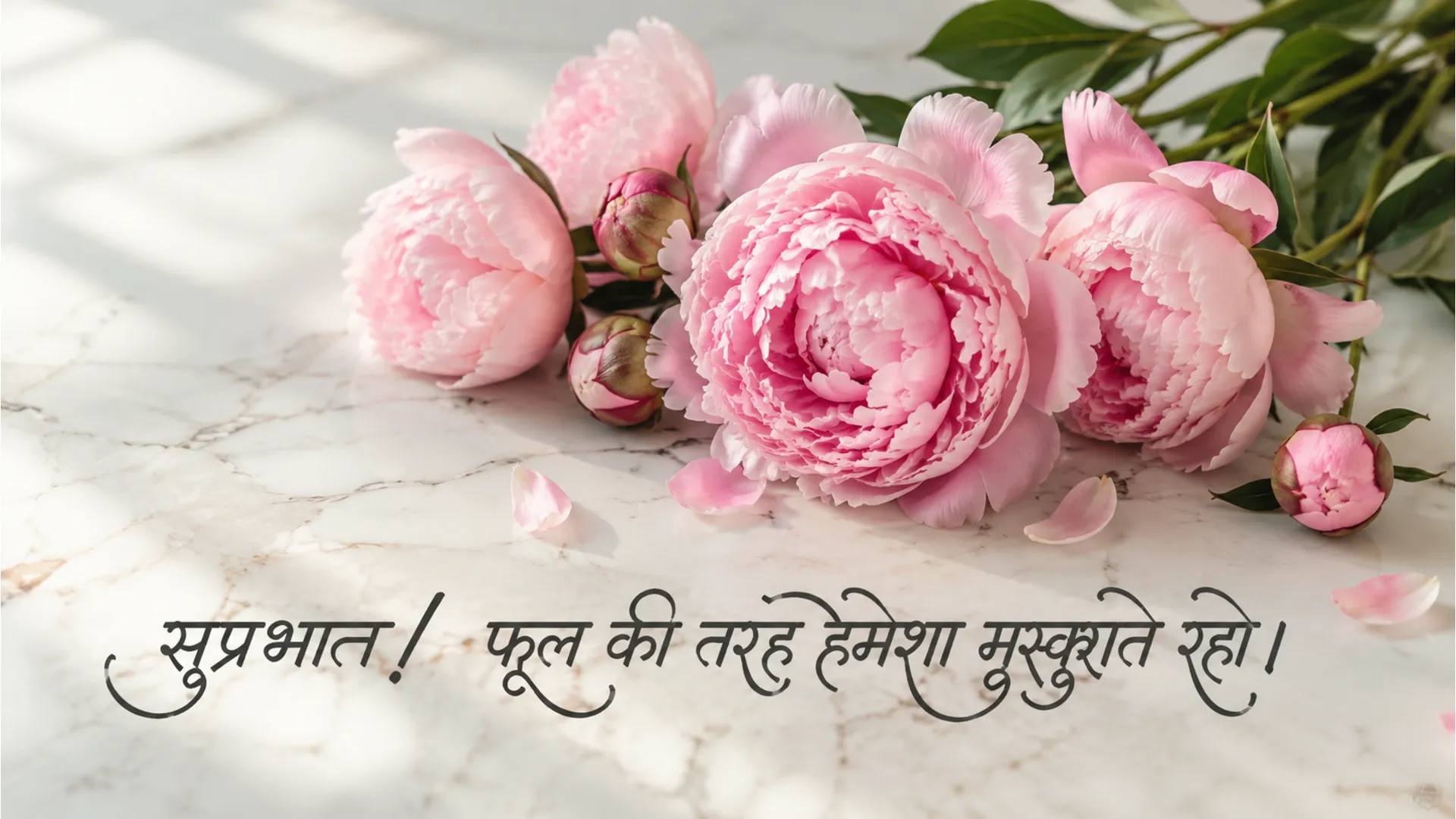Soft pastel pink peony flowers blooming beautifully with a motivational Hindi morning message.