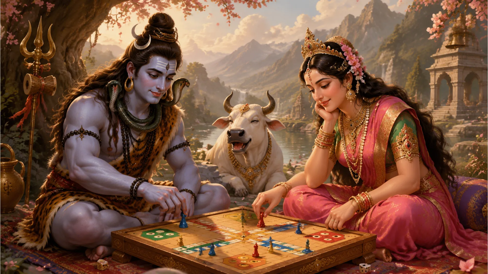 Charming illustration of Shiva and Parvati playing the game of Chaupar.