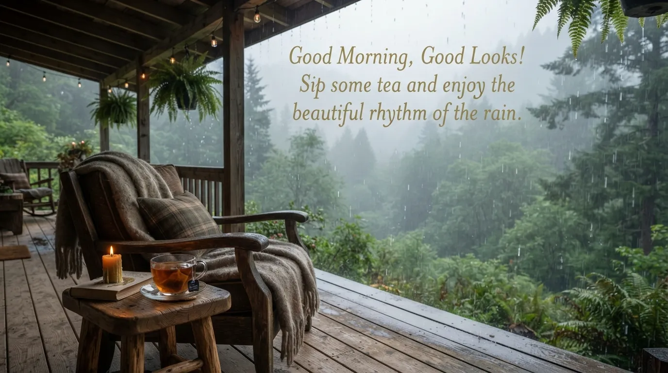 Morning tea on a wooden porch during a scenic rainfall.