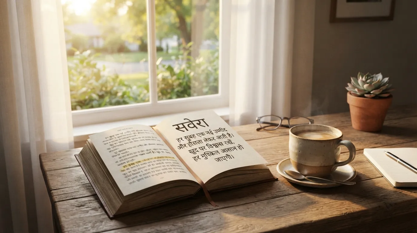Positive vibes morning image with coffee and book in Hindi