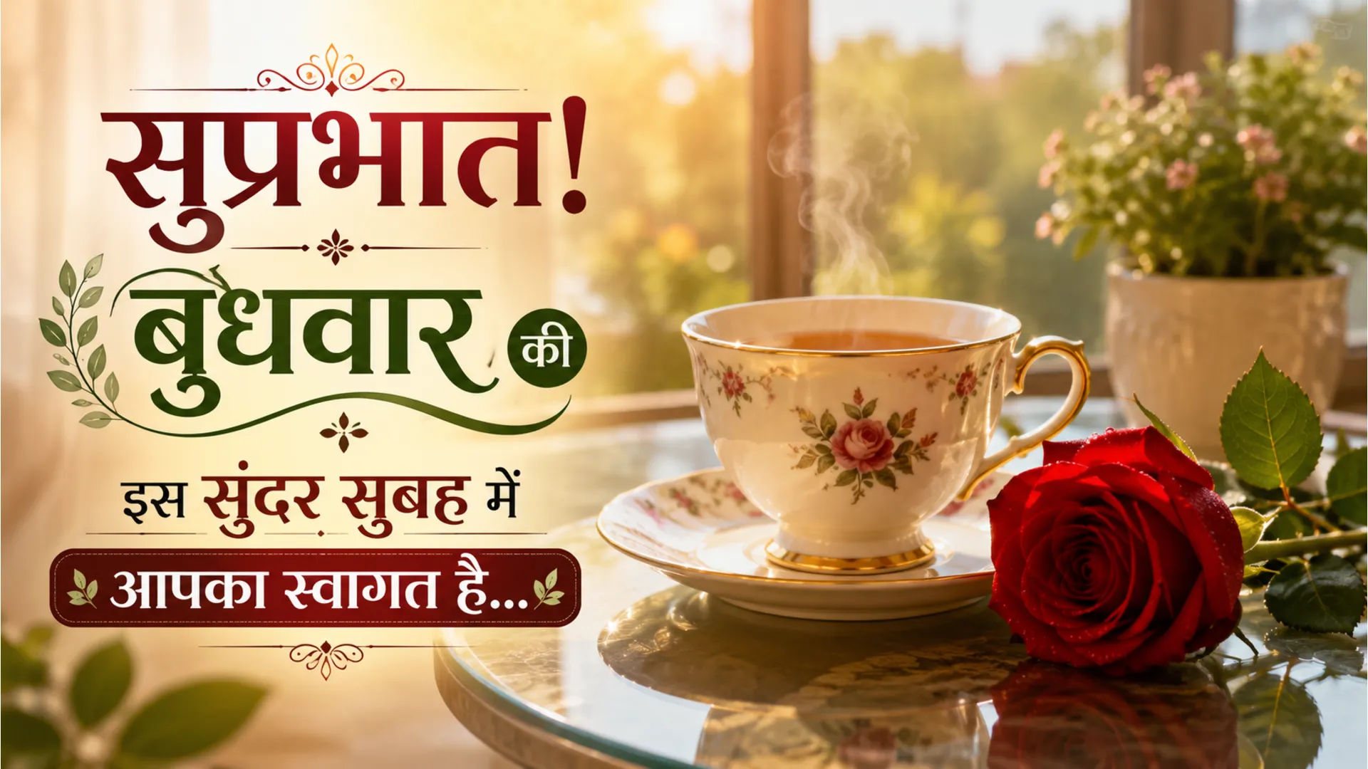 Prerna dayak Shubh Budhwar image with a beautiful tea cup and roses for good morning.