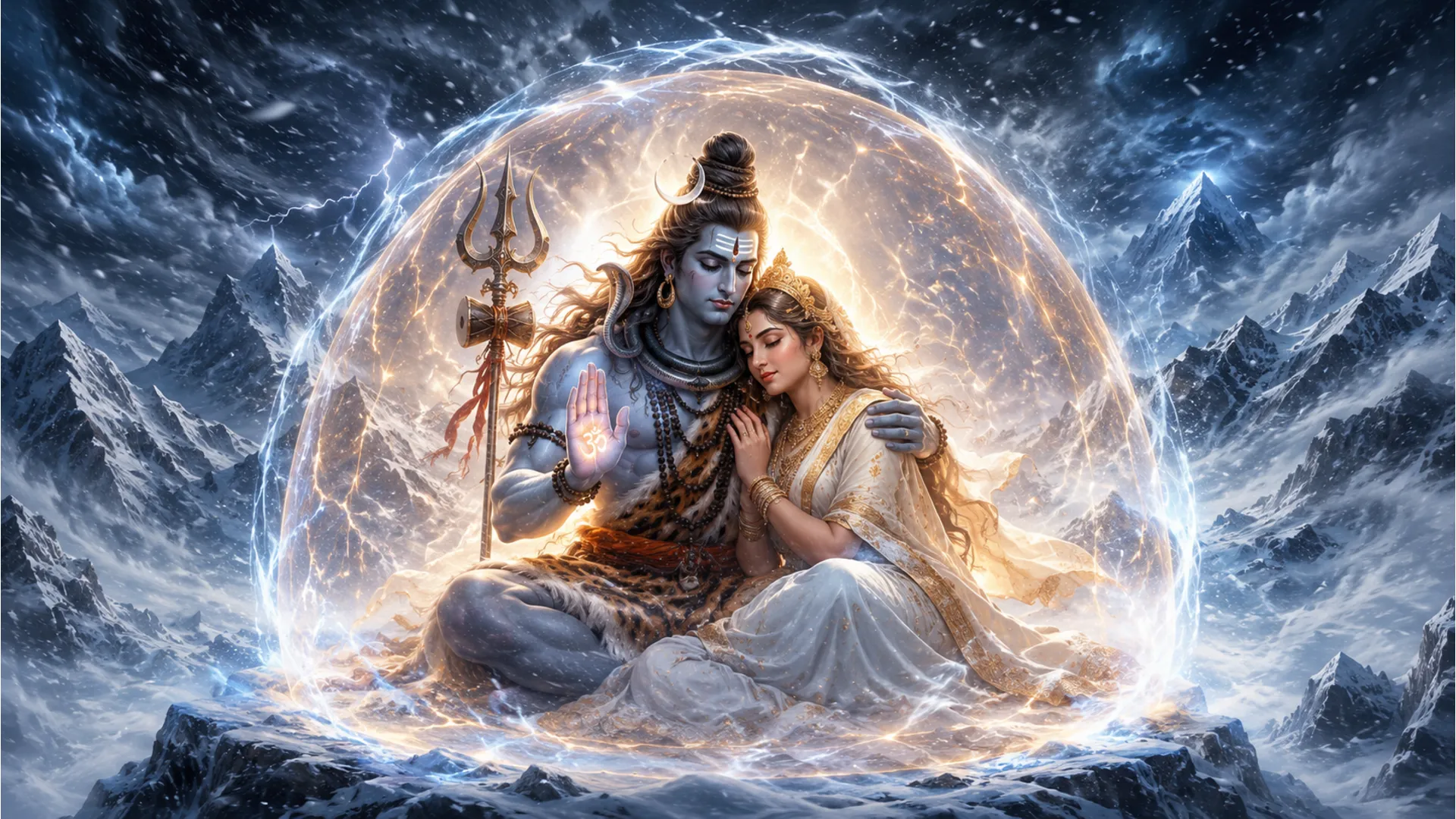 Lord Shiva shielding Parvati from a fierce mountain storm with his divine aura.