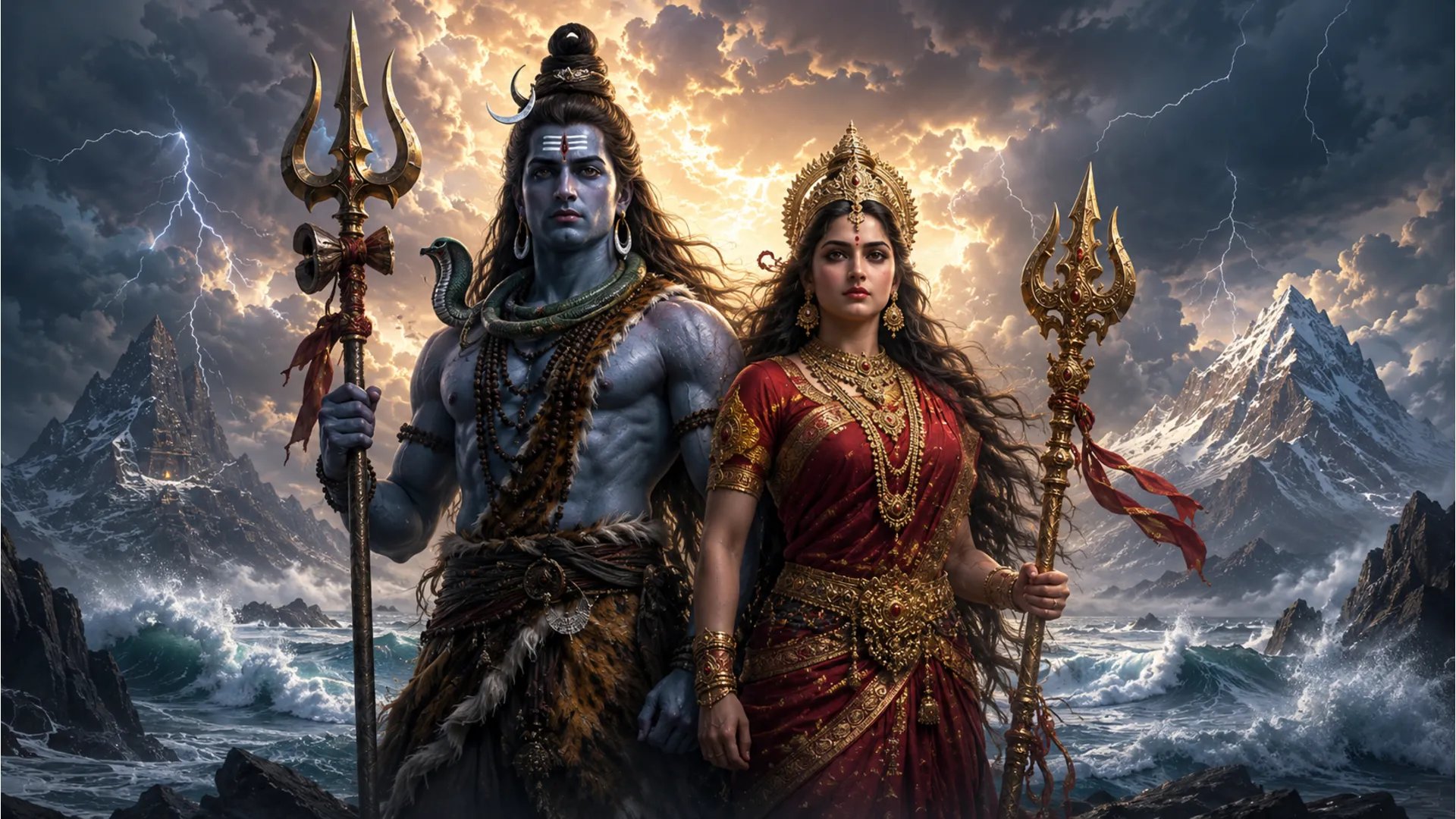 A powerful illustration of Shiv and Parvati standing together, ready to protect their devotees.