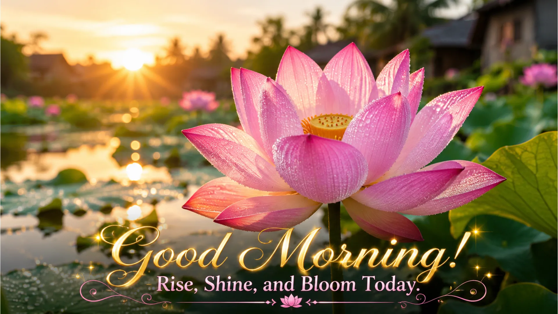 A pink lotus blooming in a village pond with morning dew on its petals.