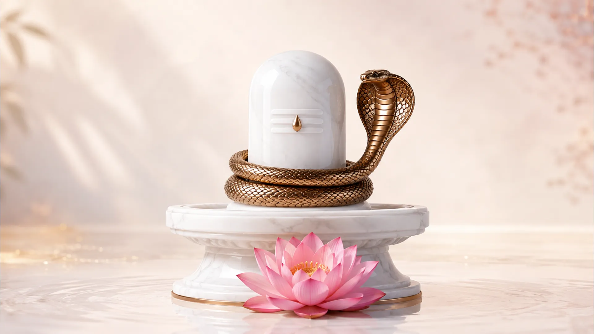 A pristine white marble Shivling with a detailed brass snake under soft, elegant lighting.