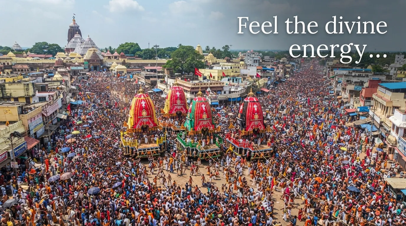 Grand aerial view of Puri Rath Yatra festival with English Good Morning greeting.