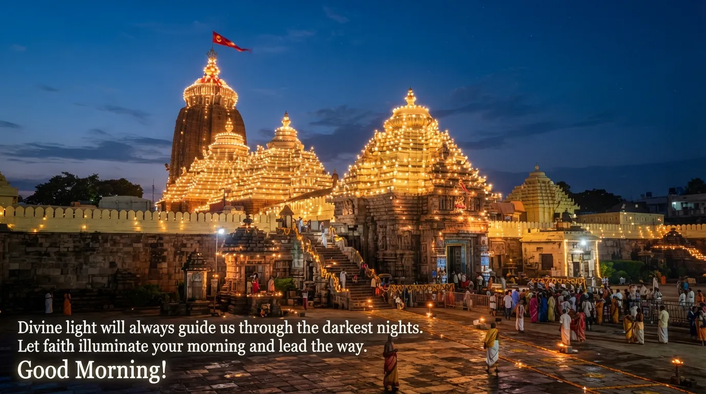 Puri Jagannath temple dome illuminated with lights and fluttering flag.