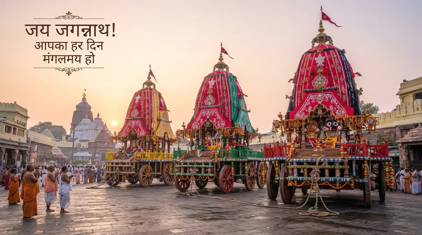 Three Chariots of Puri Rath Yatra with Good Morning Hindi wish.