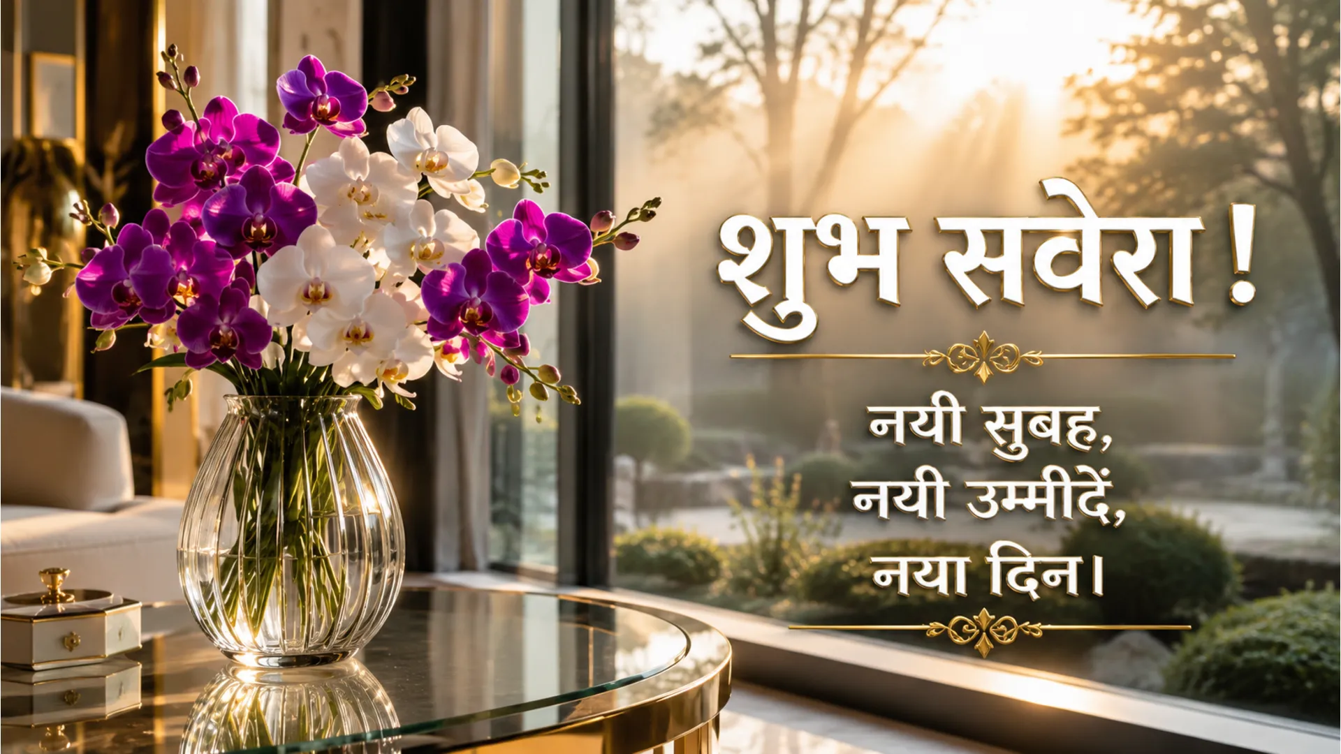 Elegant purple orchid flowers in a modern glass vase with Hindi morning inspiration.