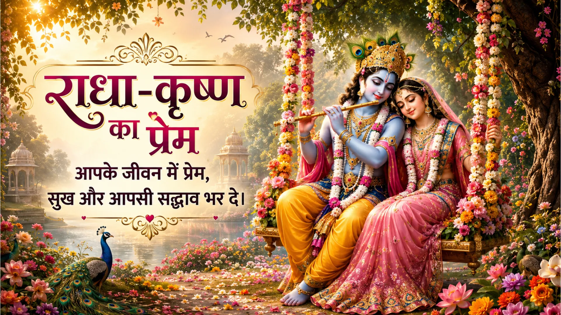 Radha Krishna on swing in Vrindavan blooming flowers morning Hindi wish