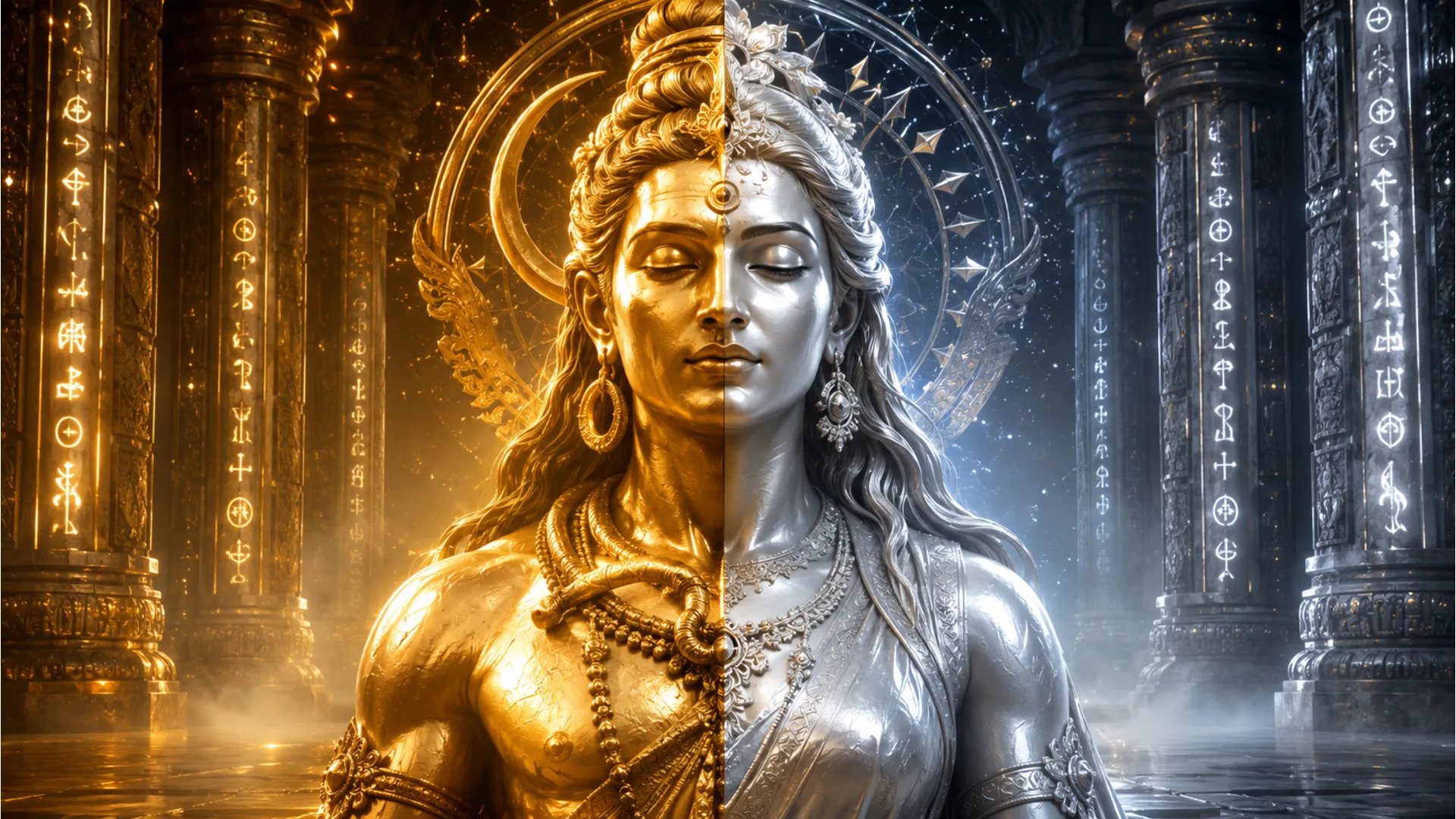 Split metallic divine statue made of polished gold and shining silver