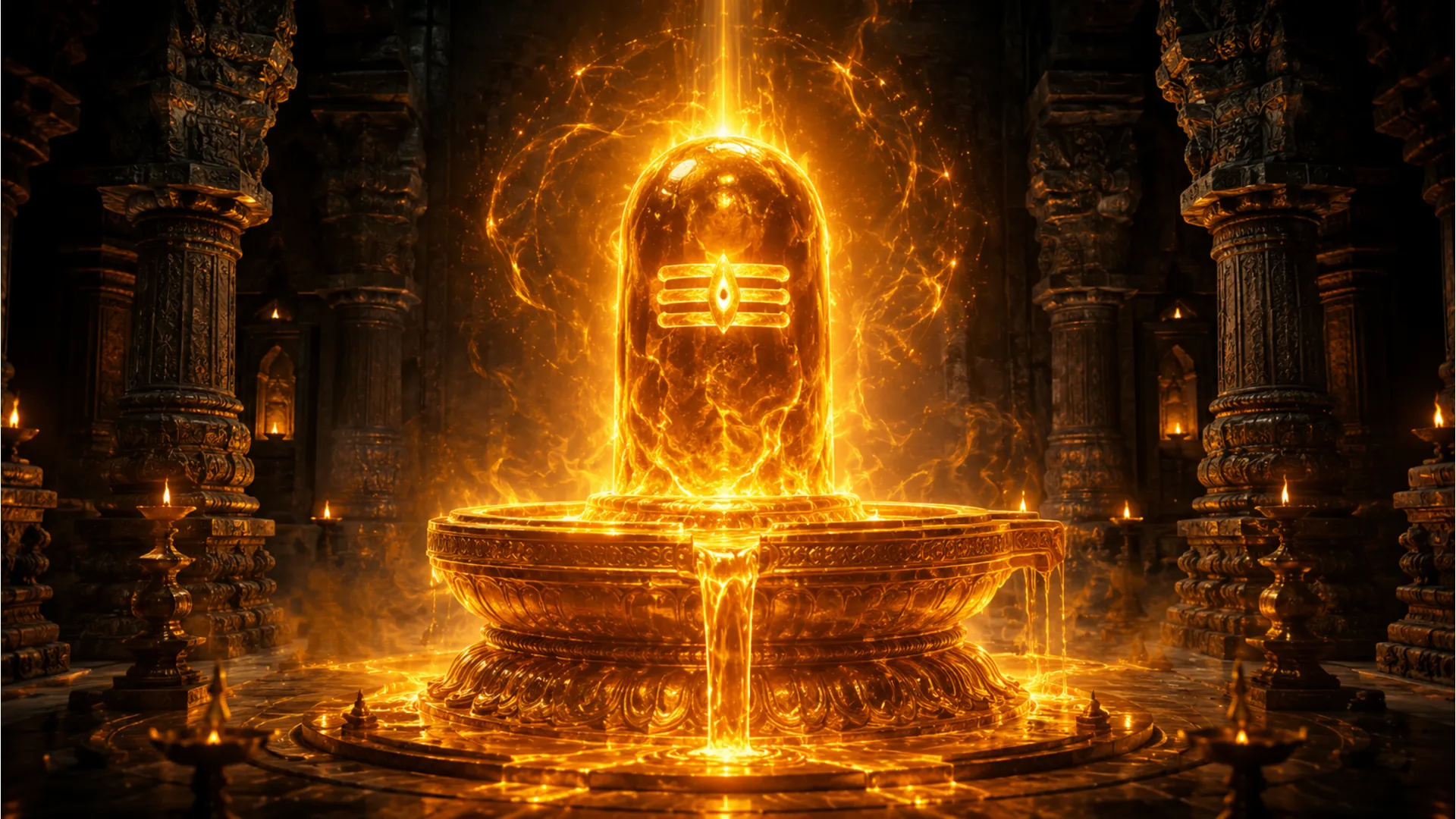 Radiant golden Jyotirlinga Shivling emitting powerful spiritual light beams.