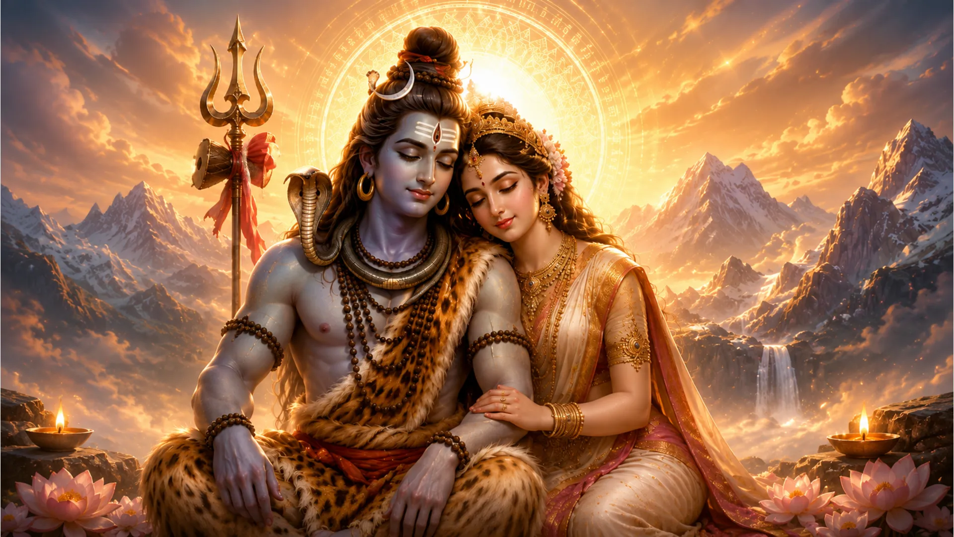 A vibrant image of Shiva and Parvati bathed in a divine light.