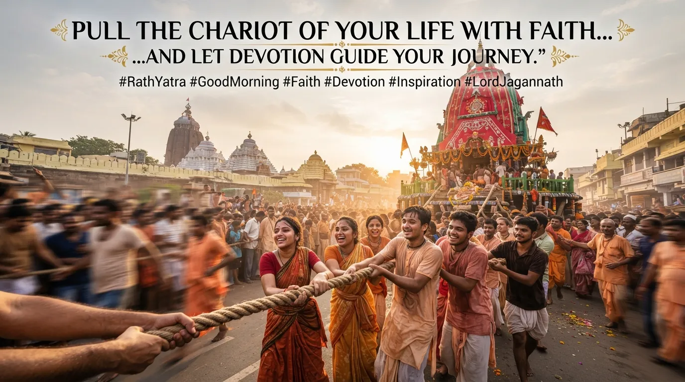 Devotees pulling Rath Yatra chariot with motivational Good Morning quote in English.
