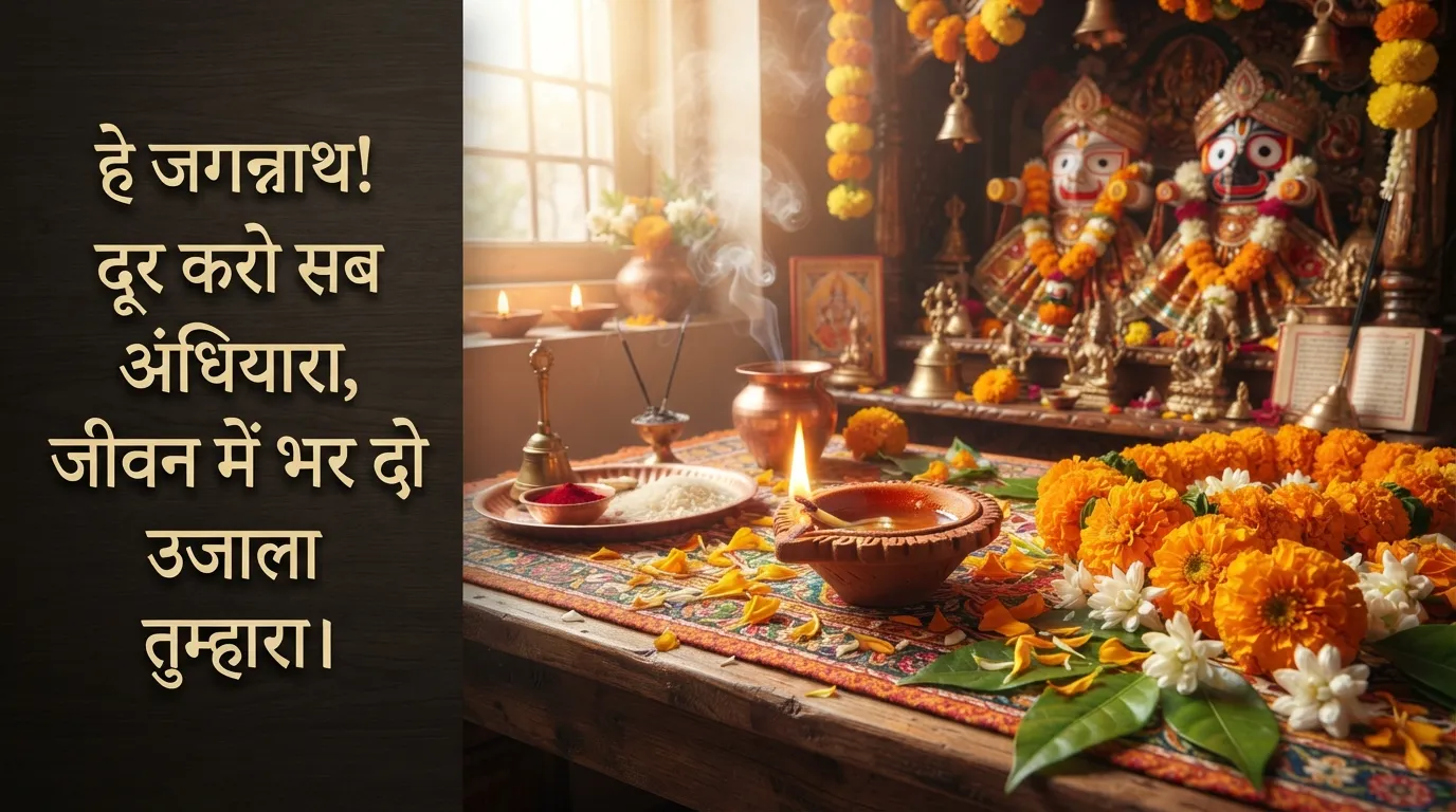Lord Jagannath worship with diya and marigold flowers with Hindi morning prayer.