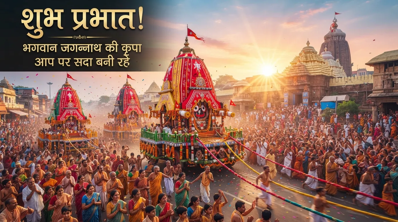 Lord Jagannath Rath Yatra Good Morning Image in Hindi with Subh Prabhat Quote.