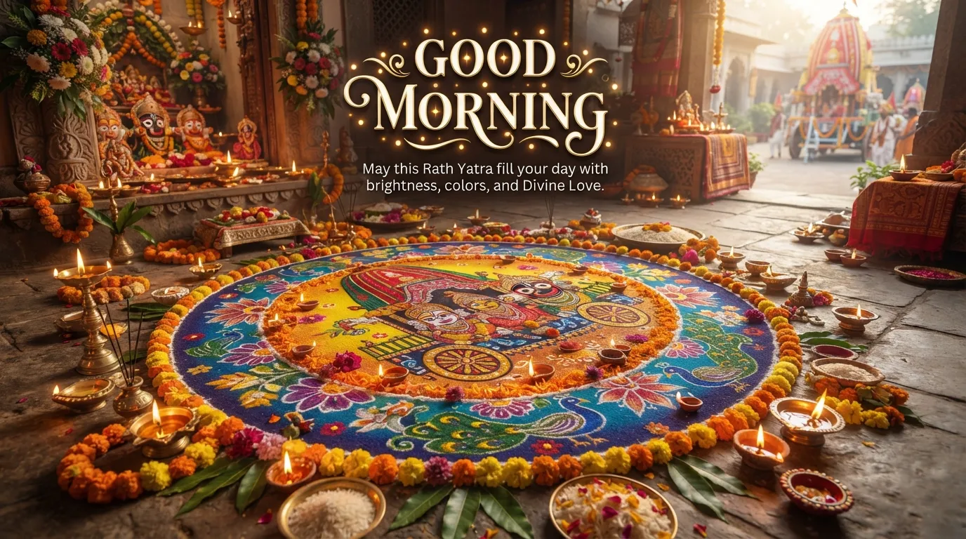 Colorful Rath Yatra Rangoli art on floor with Good Morning English wishes.