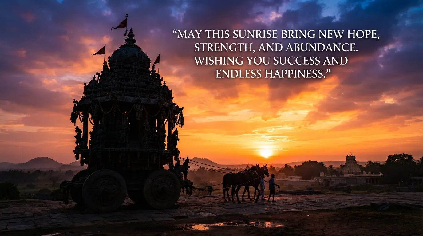 Silhouette of Rath Yatra chariot during sunrise with English Good Morning greetings.