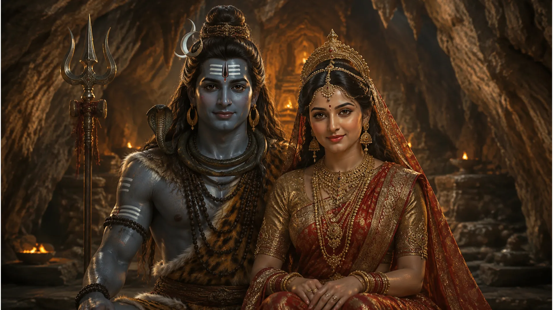 Highly detailed, realistic cinematic image of Shiv Parvati for profile picture