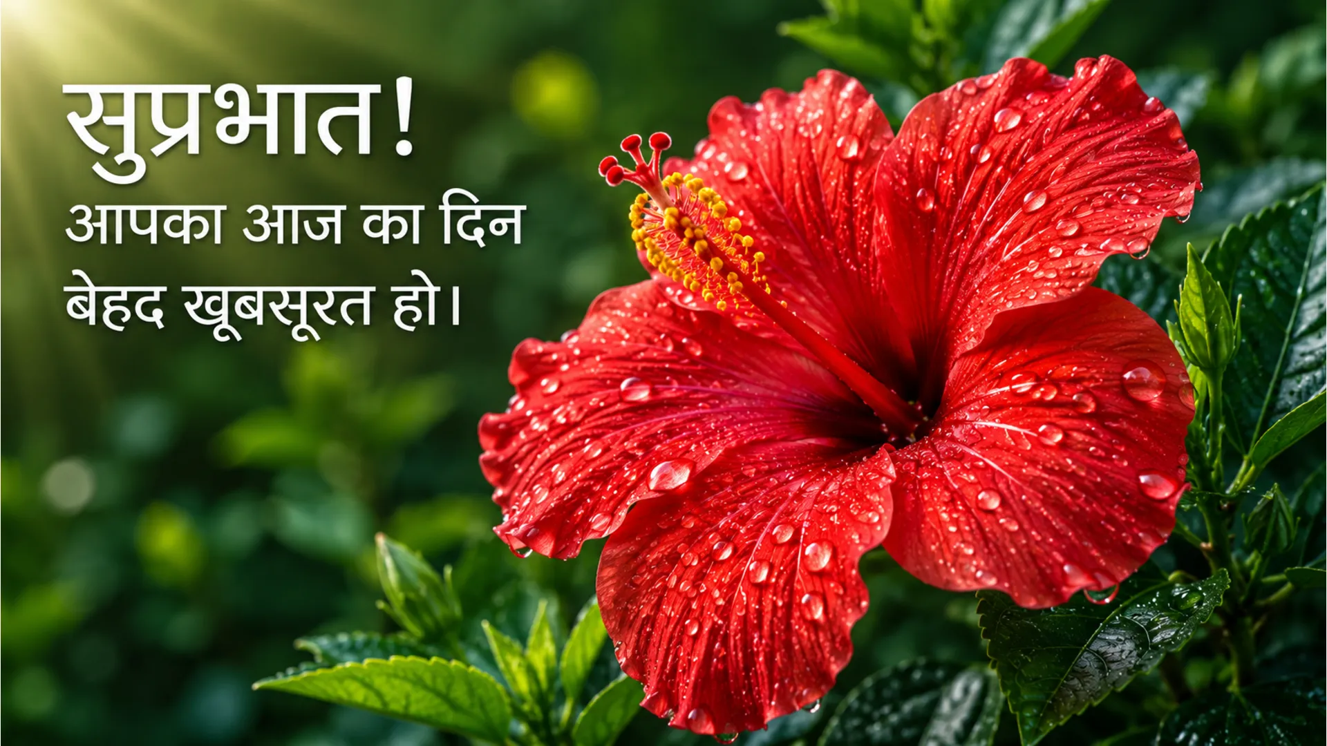 A fresh red hibiscus flower blooming in a tropical garden with morning dew.