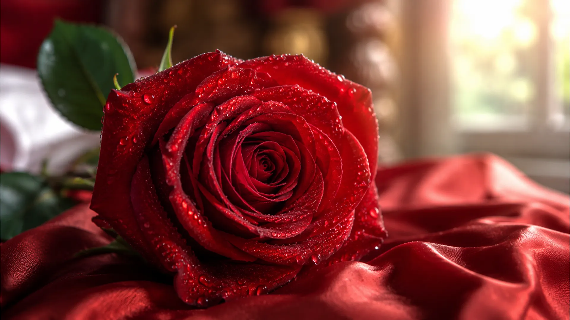Fresh red rose with morning dew drops and romantic good morning text.