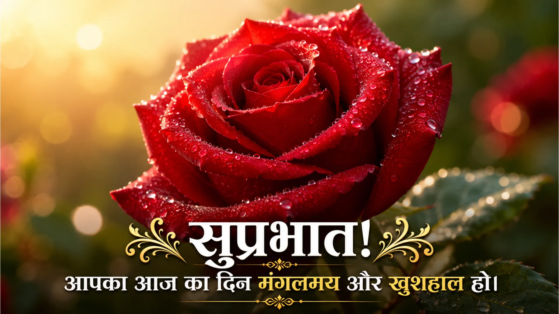 Red rose in morning light with Hindi good morning quote