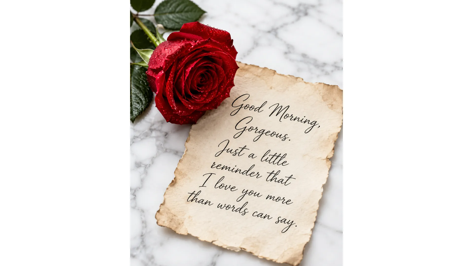 A minimalist good morning love image with a single red rose and a handwritten love note.