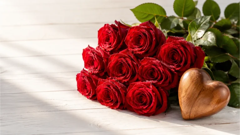 Fresh red roses paired with a wooden heart craft item on a white table under morning light.