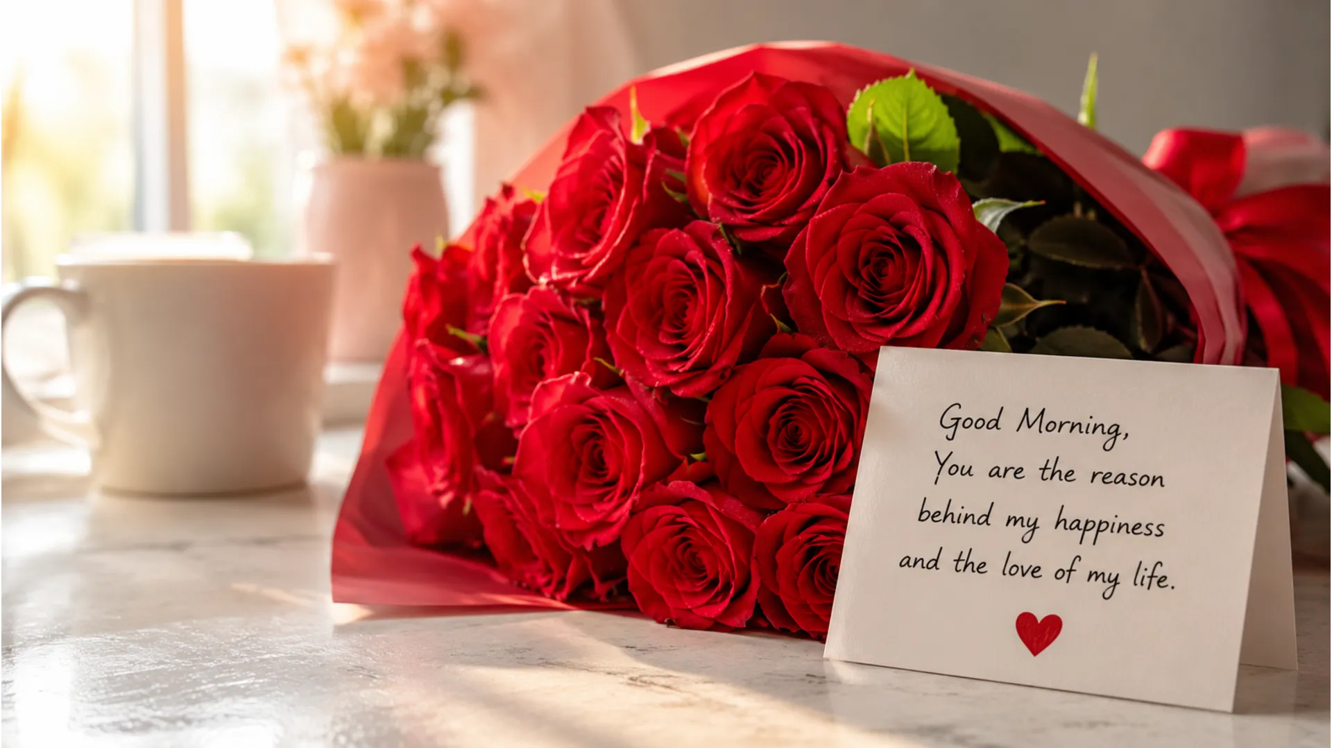 Fresh red roses bouquet with a romantic handwritten good morning love note card.