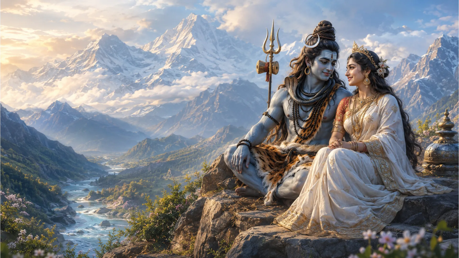 Shiv and Parvati sitting peacefully on a mountaintop, surrounded by the majestic Himalayas.