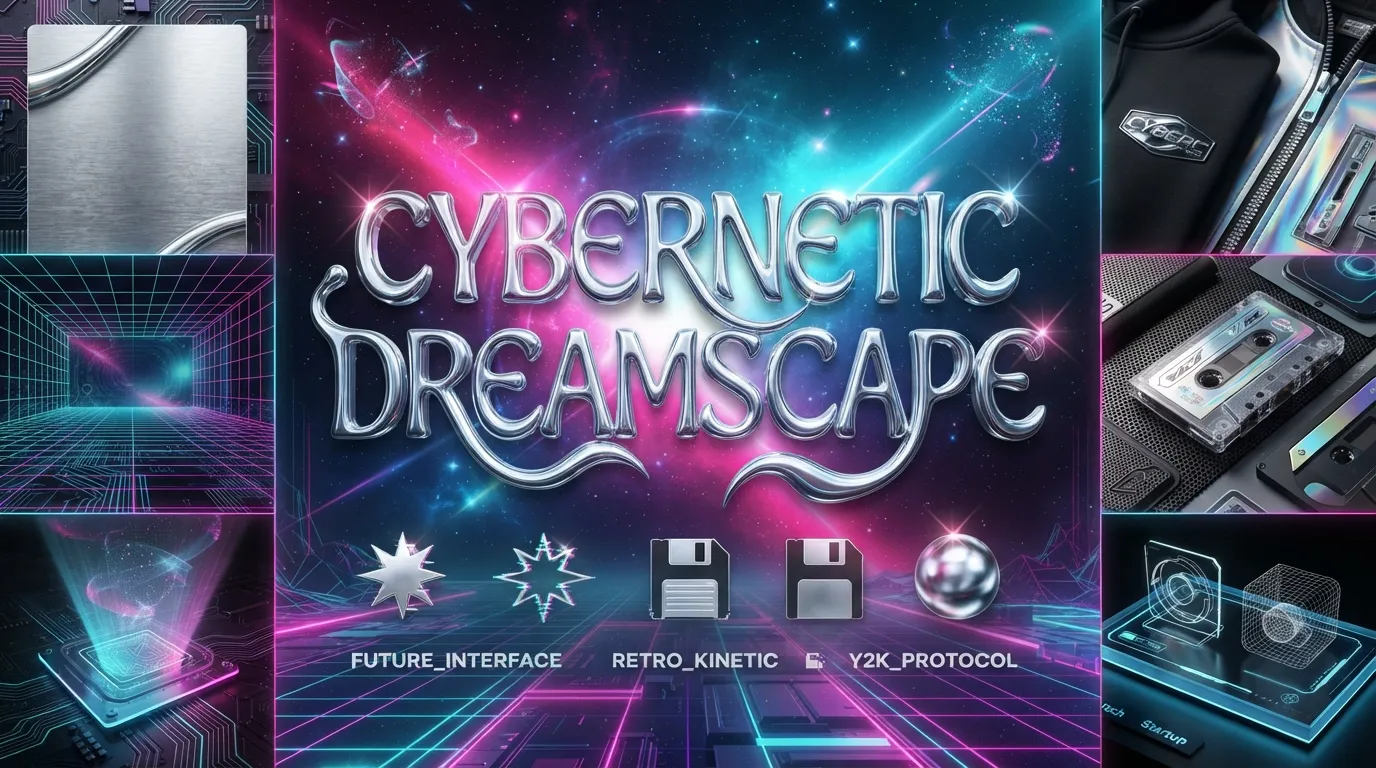A real graphic design layout featuring 3D chrome typography, reflective metallic textures, and a dark cosmic neon background representing the retro-futurism trend.