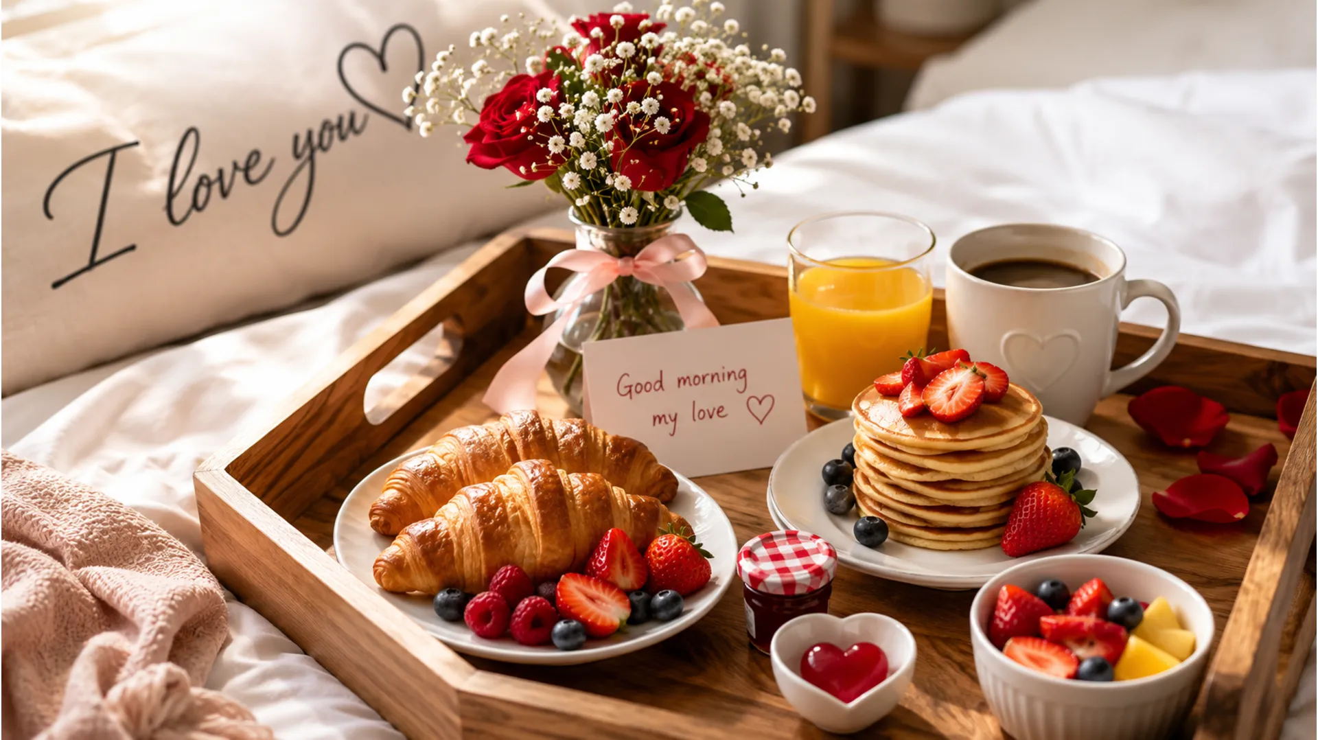 Romantic morning breakfast in bed tray with fresh fruits, pastries, and a red rose.
