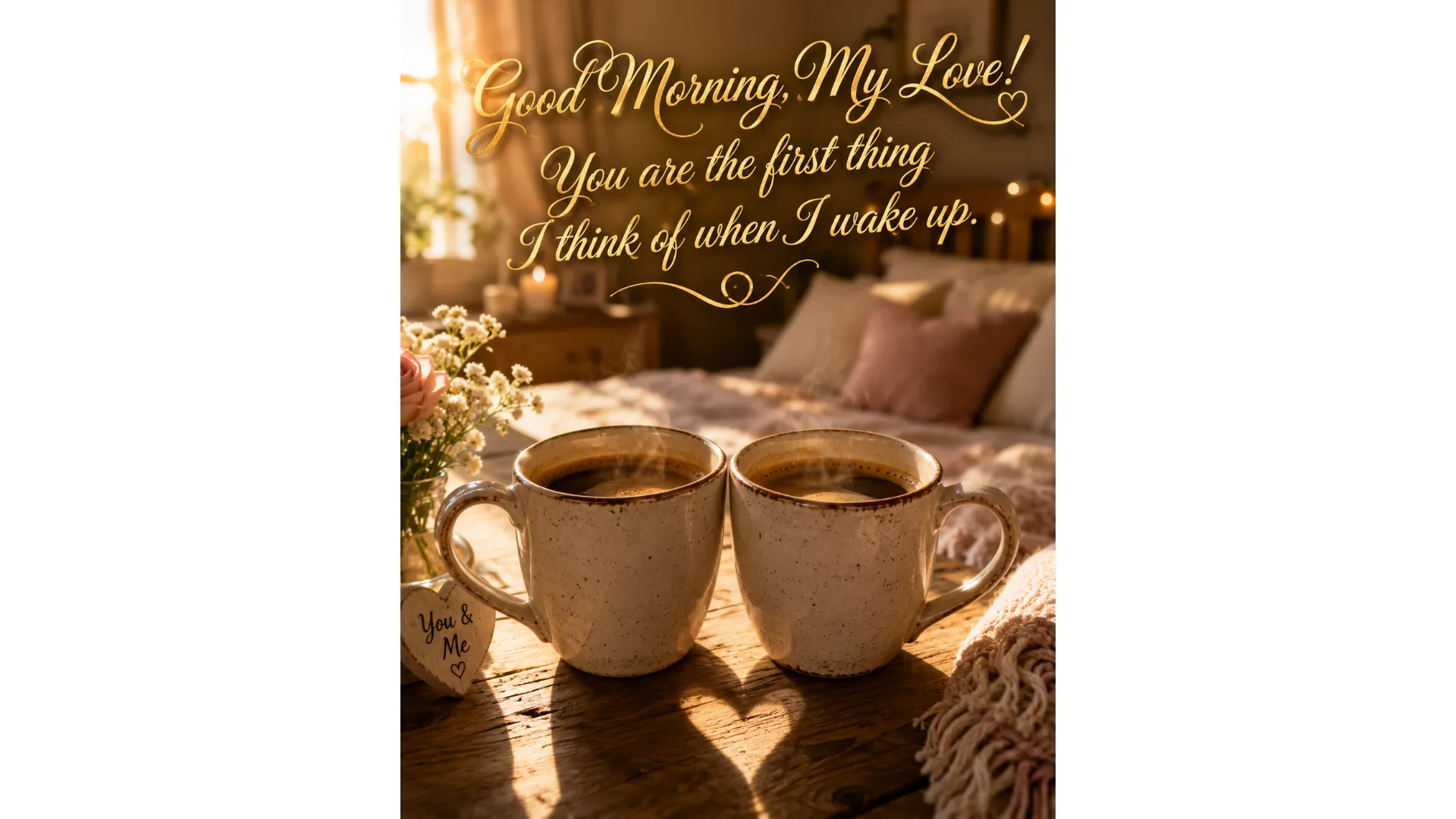 A romantic good morning love image featuring two coffee cups making a heart shape on a wooden table.