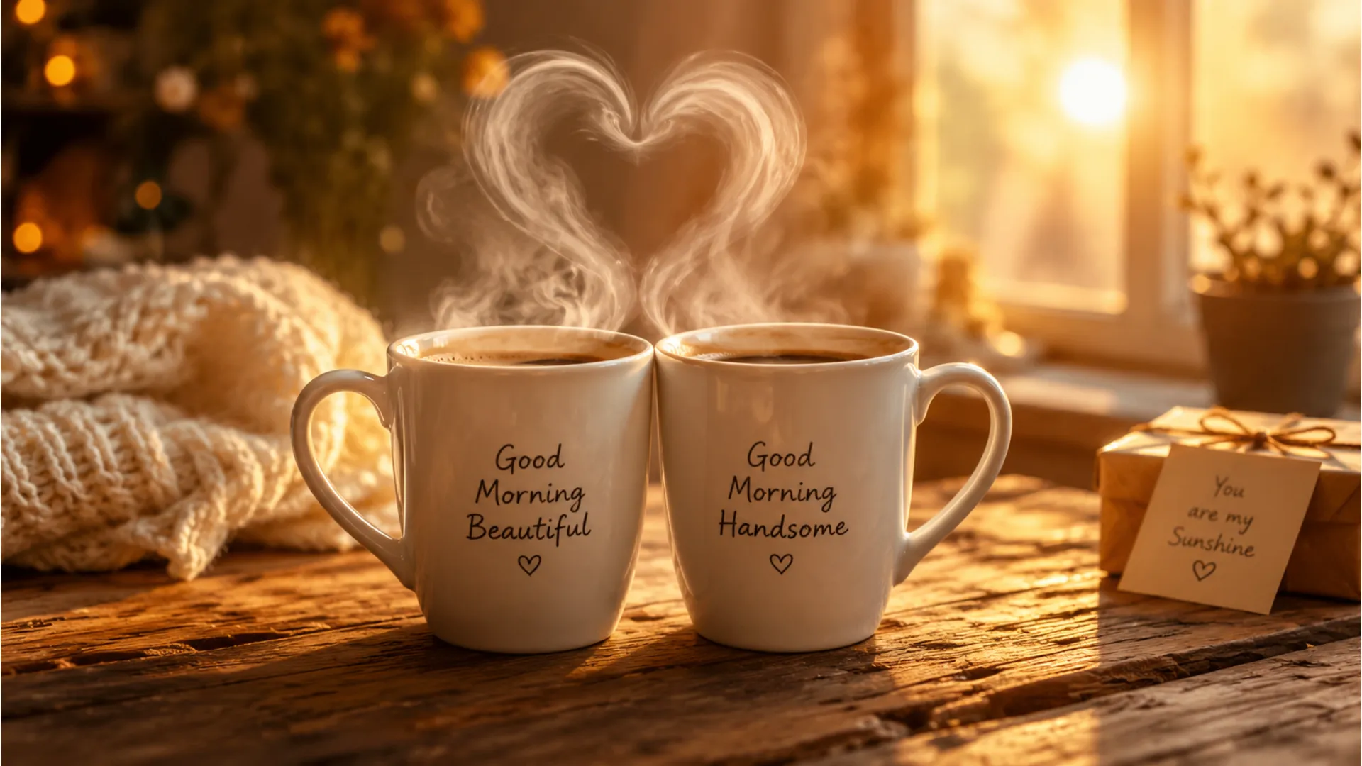 Vgood morning images love featuring two coffee mugs forming a heart shape with romantic text.