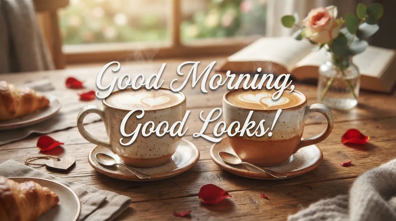 A close-up of two coffee mugs forming a heart shape with the text Good Morning Good Looks.
