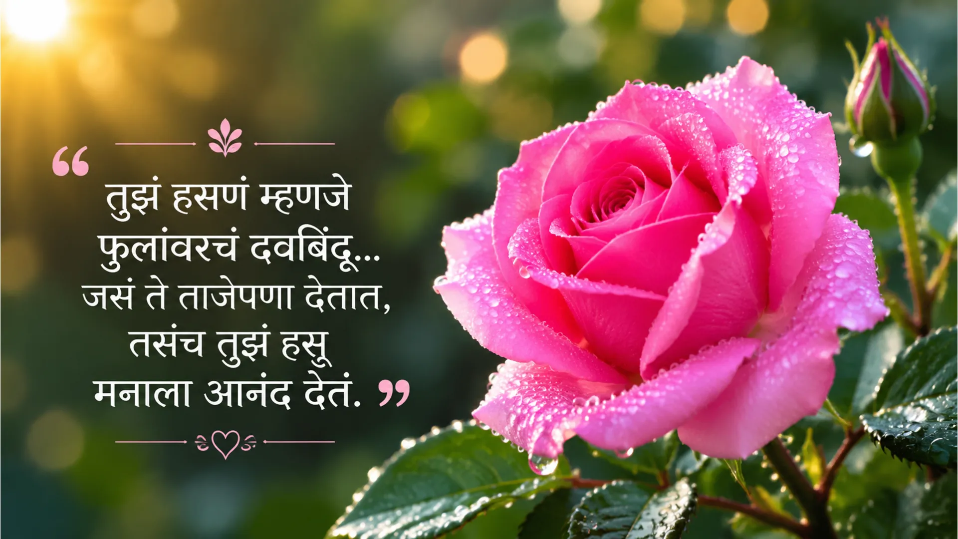 Fresh pink rose flower with water droplets and Marathi morning quote
