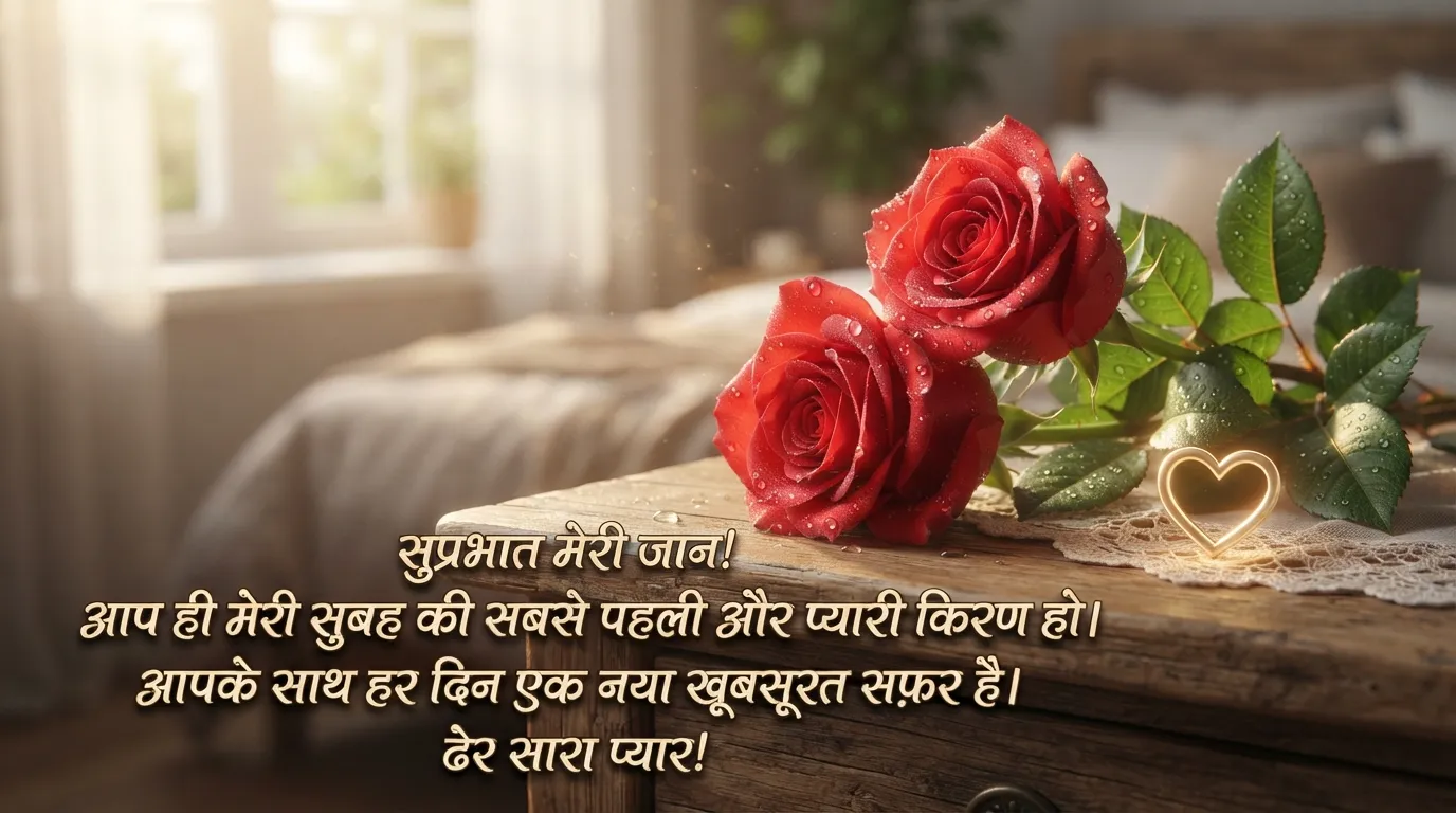 Romantic good morning image for love with red roses in Hindi