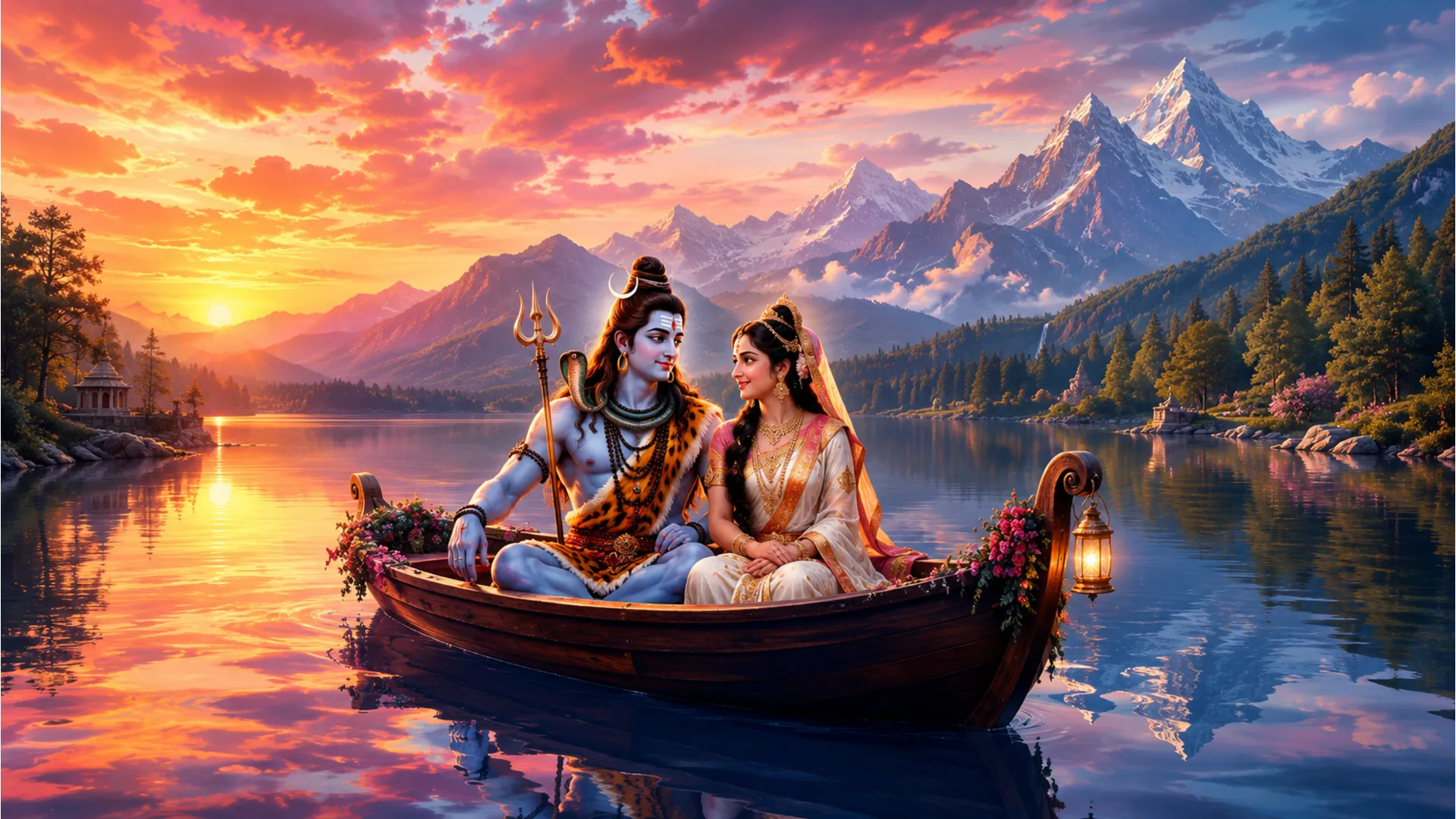 Shiv and Parvati enjoying a peaceful boat ride on a serene lake, surrounded by beautiful scenery.